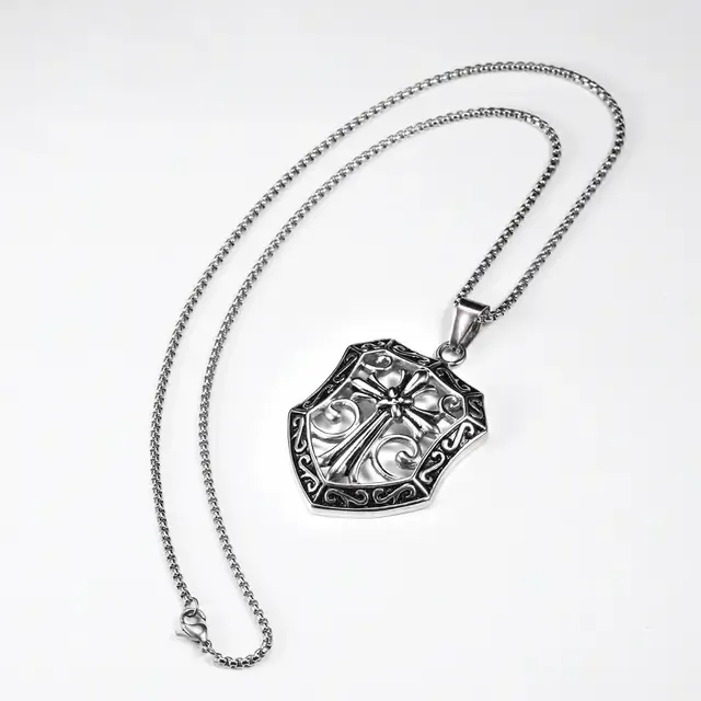 Stainless Steel Shield Cross Pendant Necklace