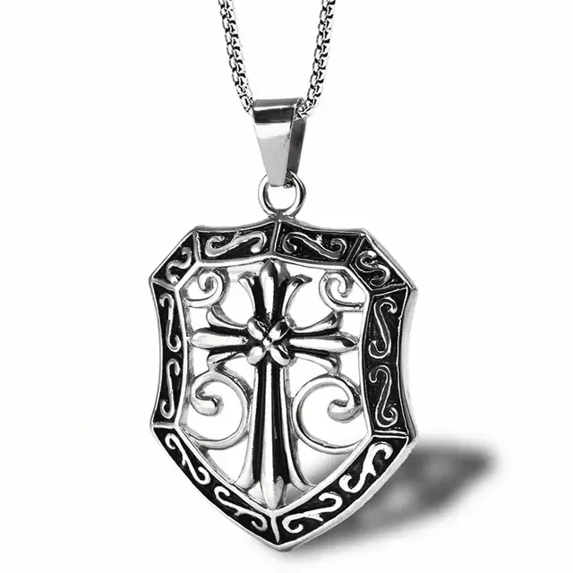 Stainless Steel Shield Cross Pendant Necklace