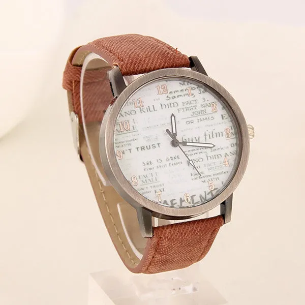 Stylish Unisex Quartz Watches Men Sports Watches Denim Fabric Women Dress Watch news paper wristwatch Design hours