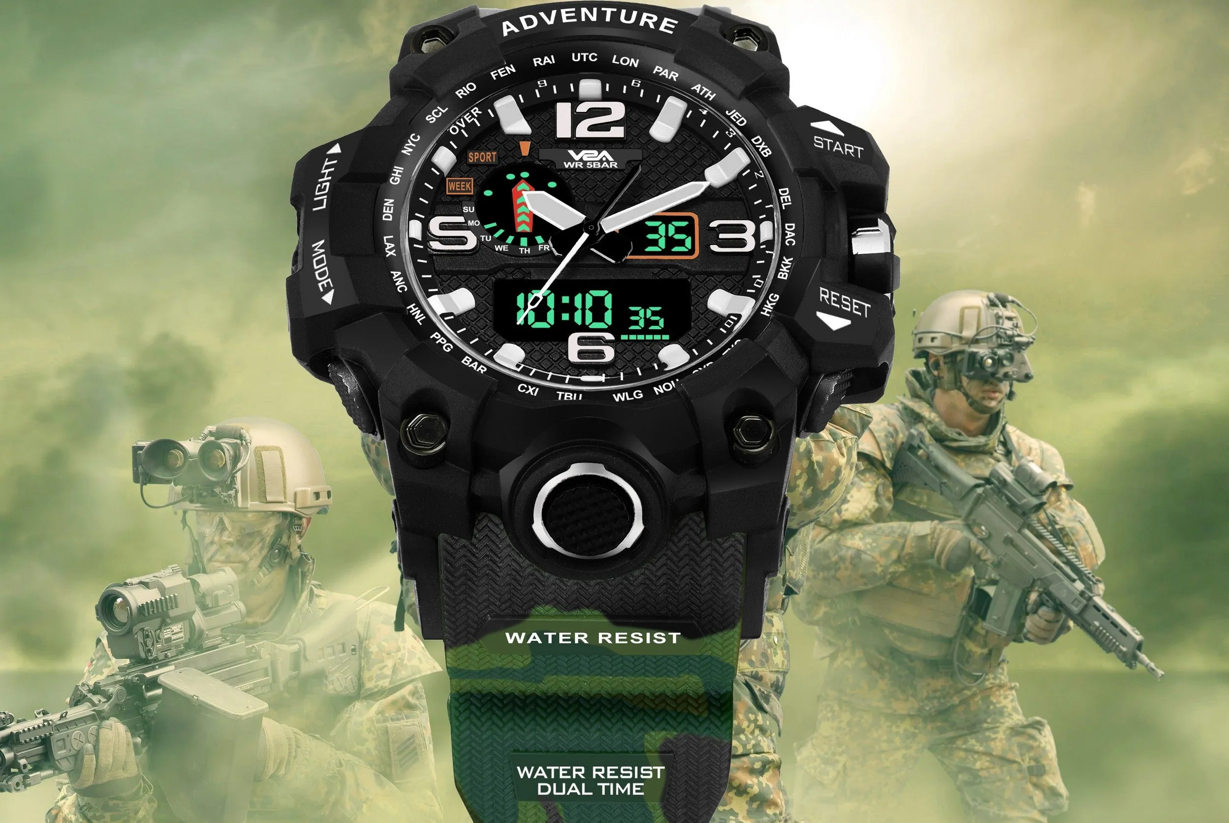 V2A Army Camo Green Chronograph Shockproof Waterproof Analog-Digital Day And Date Display Sports Watch For Men