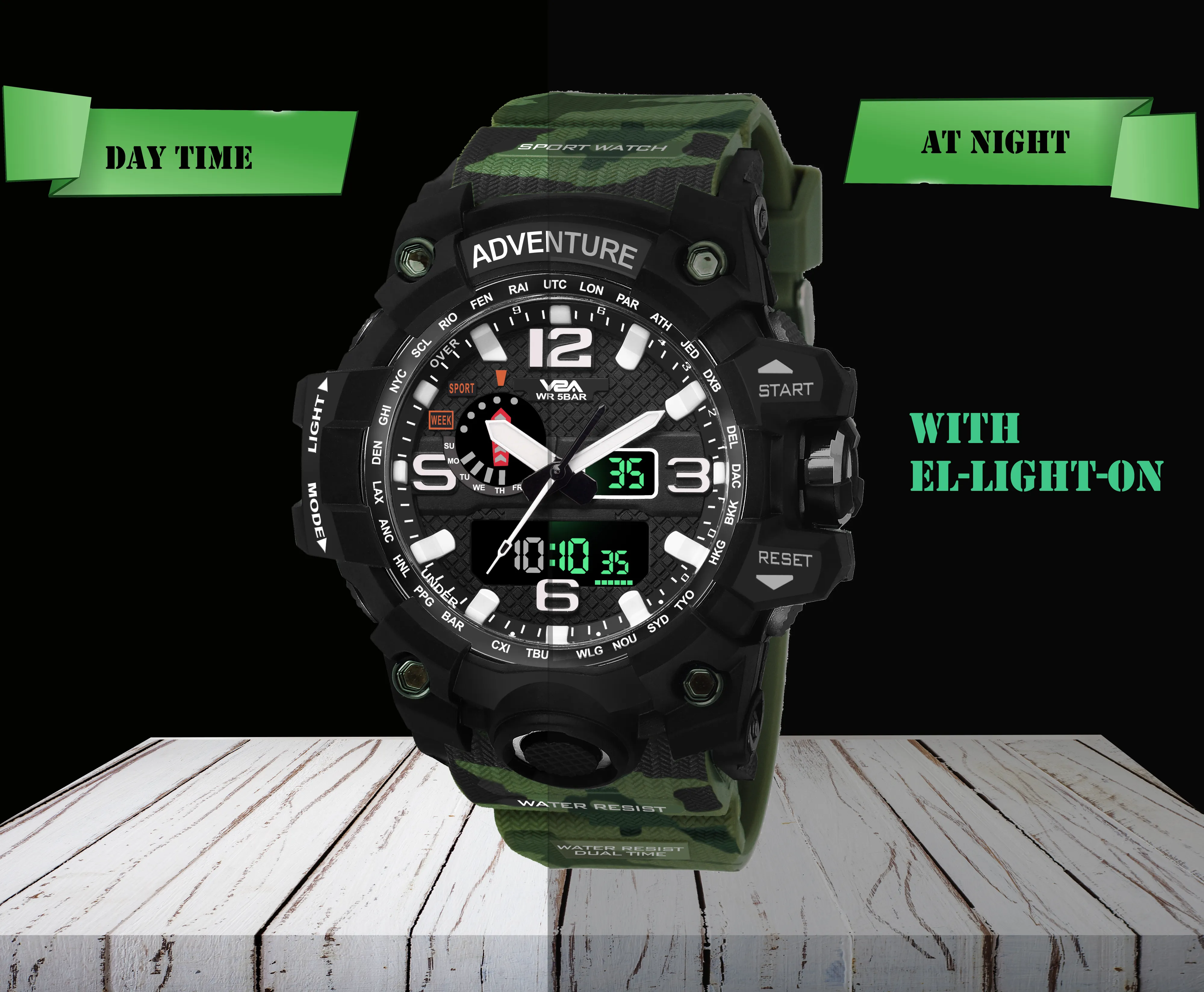 V2A Army Camo Green Chronograph Shockproof Waterproof Analog-Digital Day And Date Display Sports Watch For Men