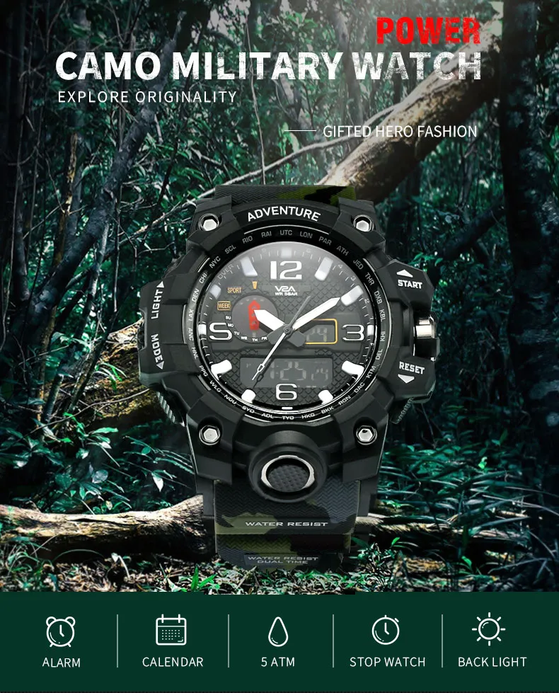 V2A Army Camo Green Chronograph Shockproof Waterproof Analog-Digital Day And Date Display Sports Watch For Men