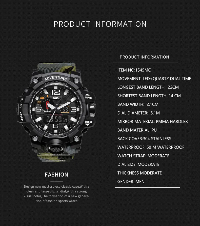 V2A Army Camo Green Chronograph Shockproof Waterproof Analog-Digital Day And Date Display Sports Watch For Men