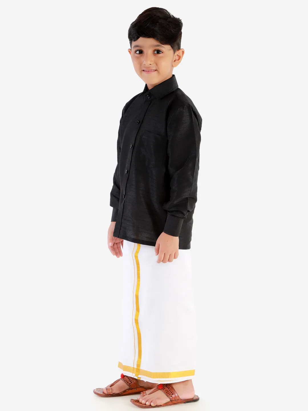 VASTRAMAY Boys' Black Silk Long Sleeves Ethnic Shirt Mundu Vesty Style Dhoti Pant Set