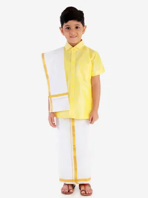 Vastramay Boys' Butter Yellow Silk Short Sleeves Ethnic Shirt Mundu Vesty Style Dhoti Pant Set