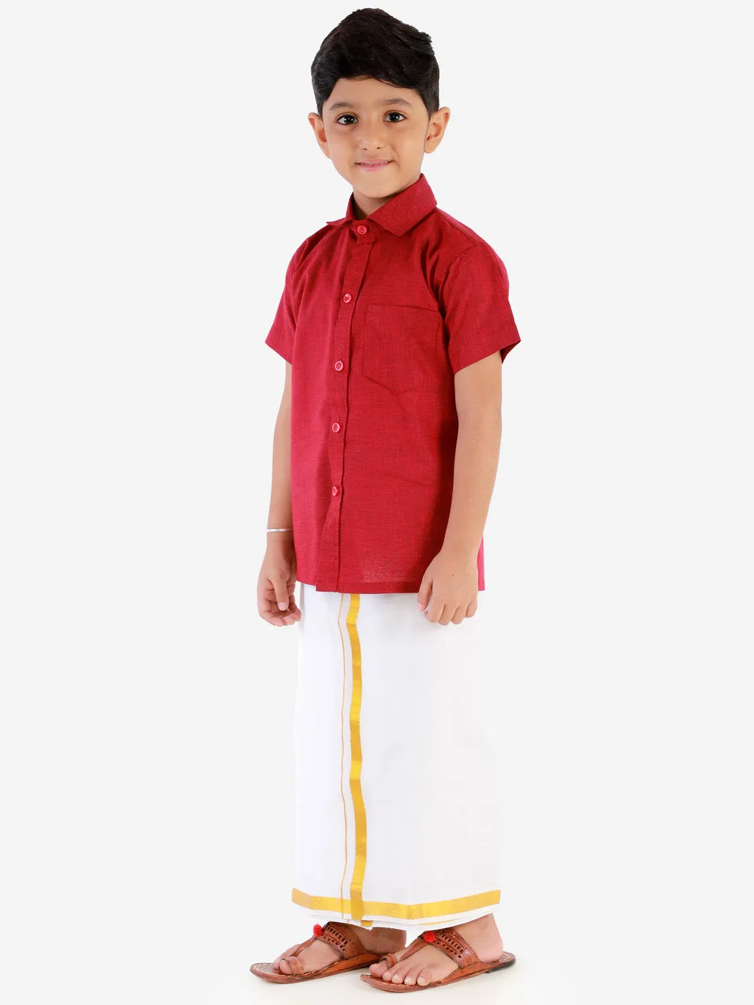 Vastramay Boys' Cherry Maroon Cotton Short Sleeves Ethnic Shirt Mundu Vesty Style Dhoti Pant Set