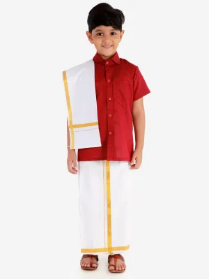 Vastramay Boys' Cherry Maroon Cotton Short Sleeves Ethnic Shirt Mundu Vesty Style Dhoti Pant Set